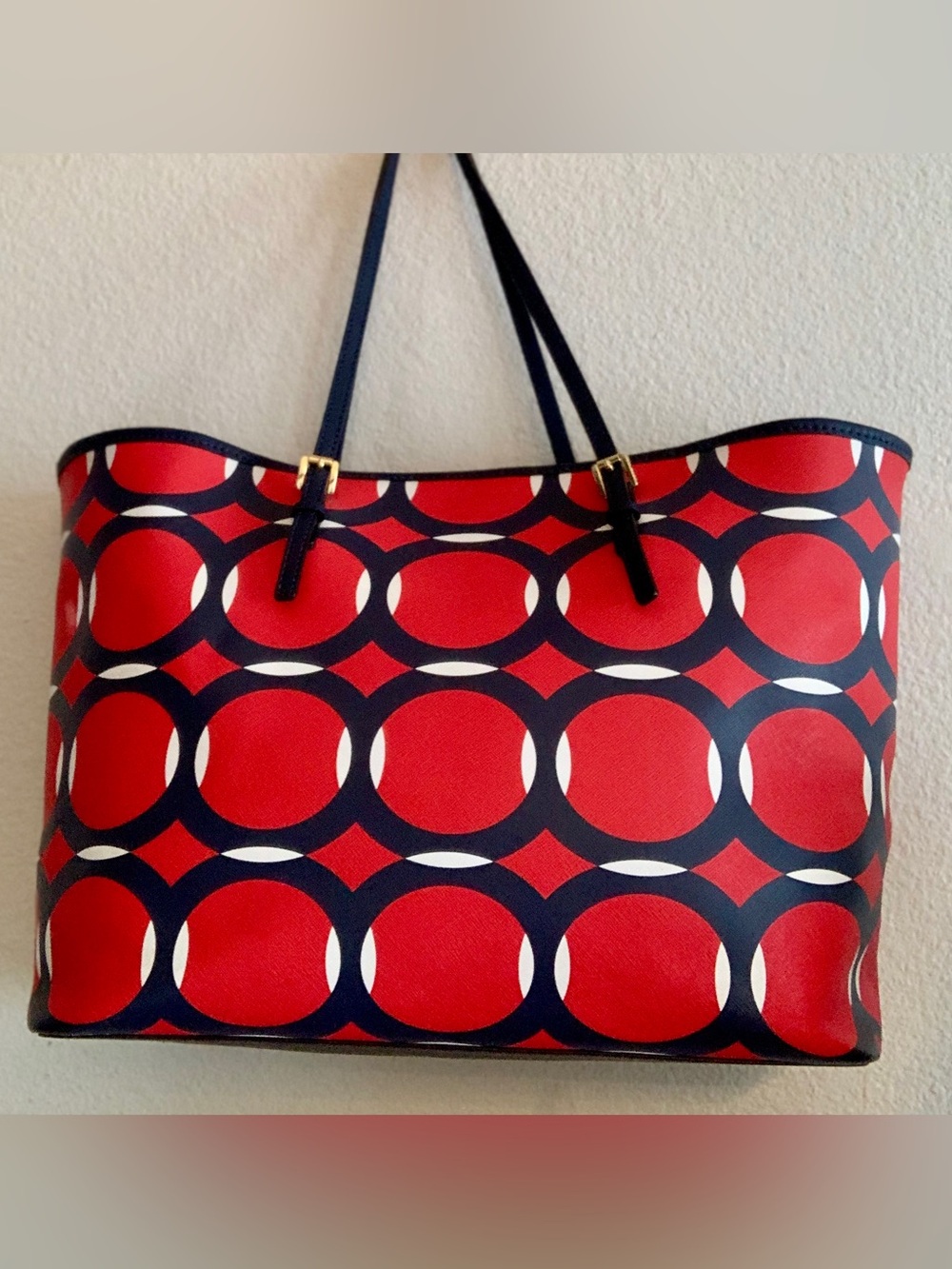 Michael Kors Red and Blue Circle-Print Tote with Gold MK Charm - Picture 16 of 16